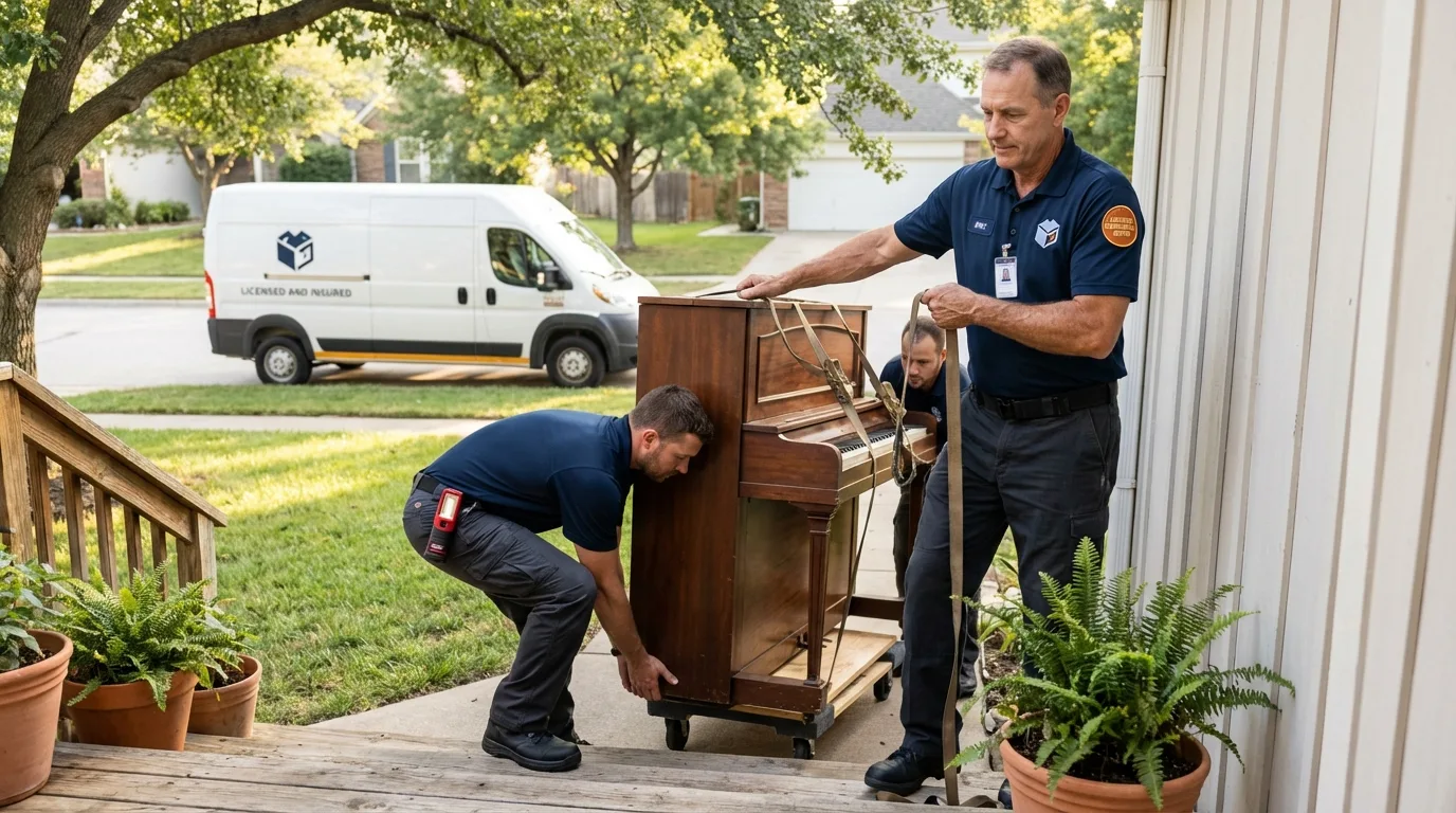 Licensed piano movers securing grand piano in Burke, SD