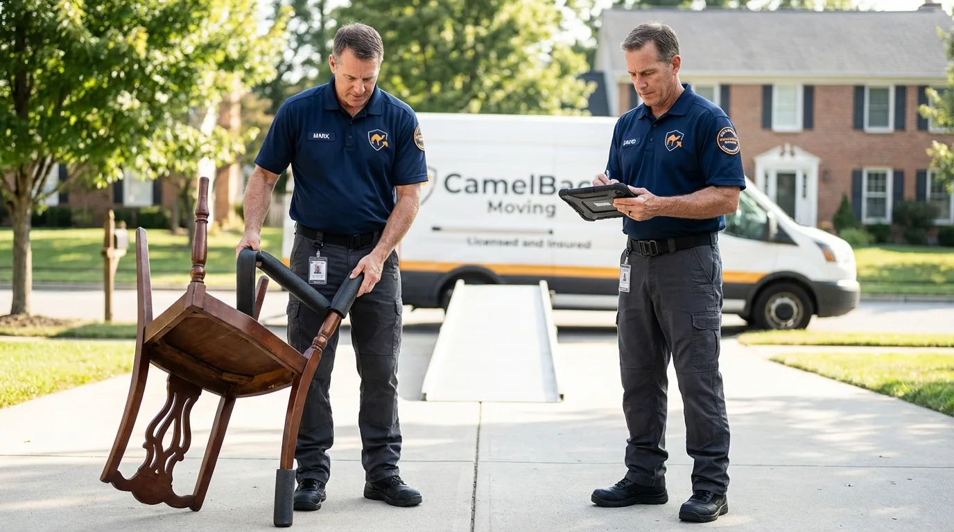 Movers inspecting furniture for damage prevention before loading in Burke, SD