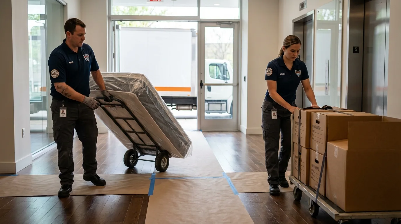 Professional apartment movers loading elevator in Burke, SD